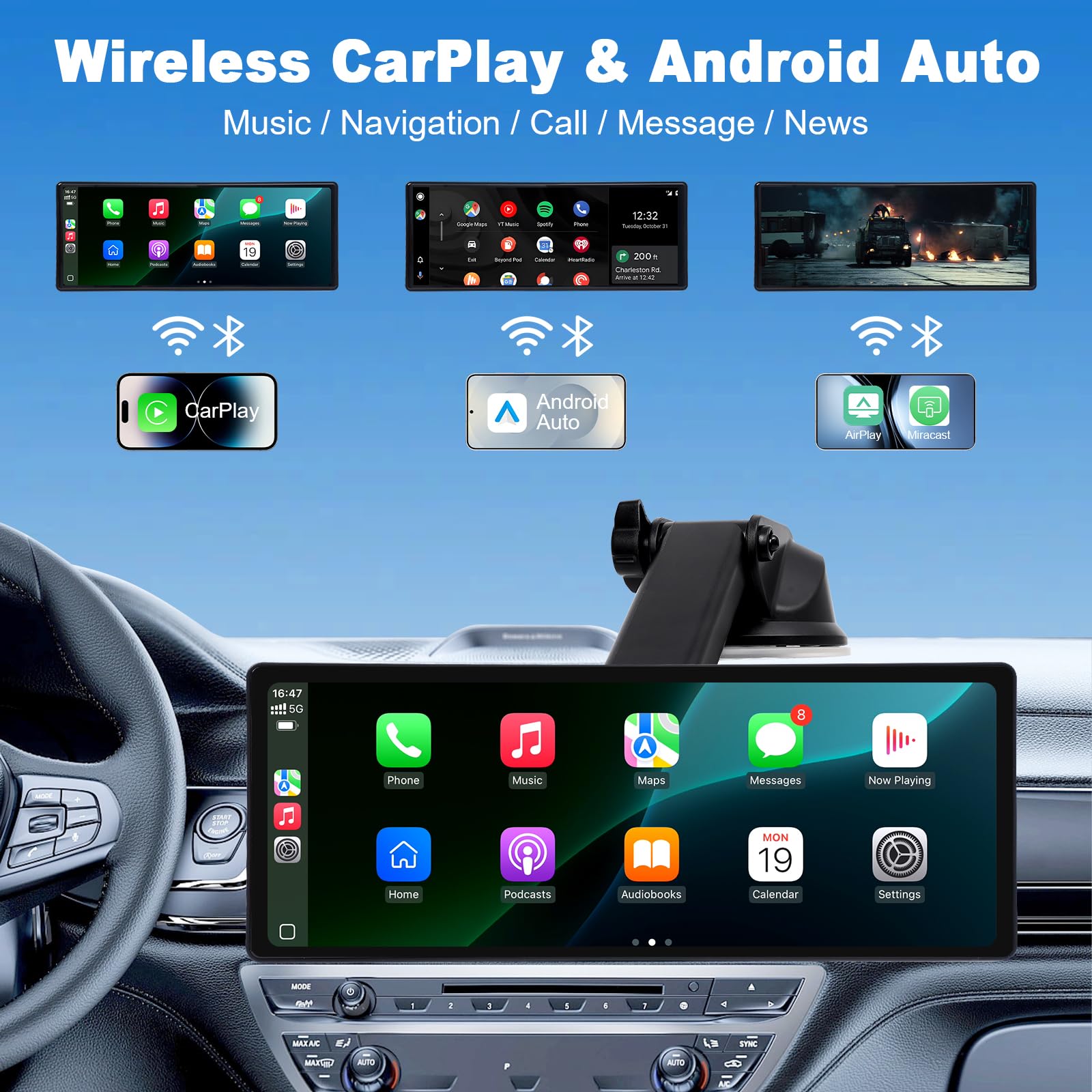 Wireless Carplay Screen for Car,10.26 inch Portable Car Play & Android Auto Touch Screen,4K Front & Rear Backup Camera Car Stereo,Loop Recording,GPS, Voice Control,Mirror Link,FM,AUX for All Vehicles