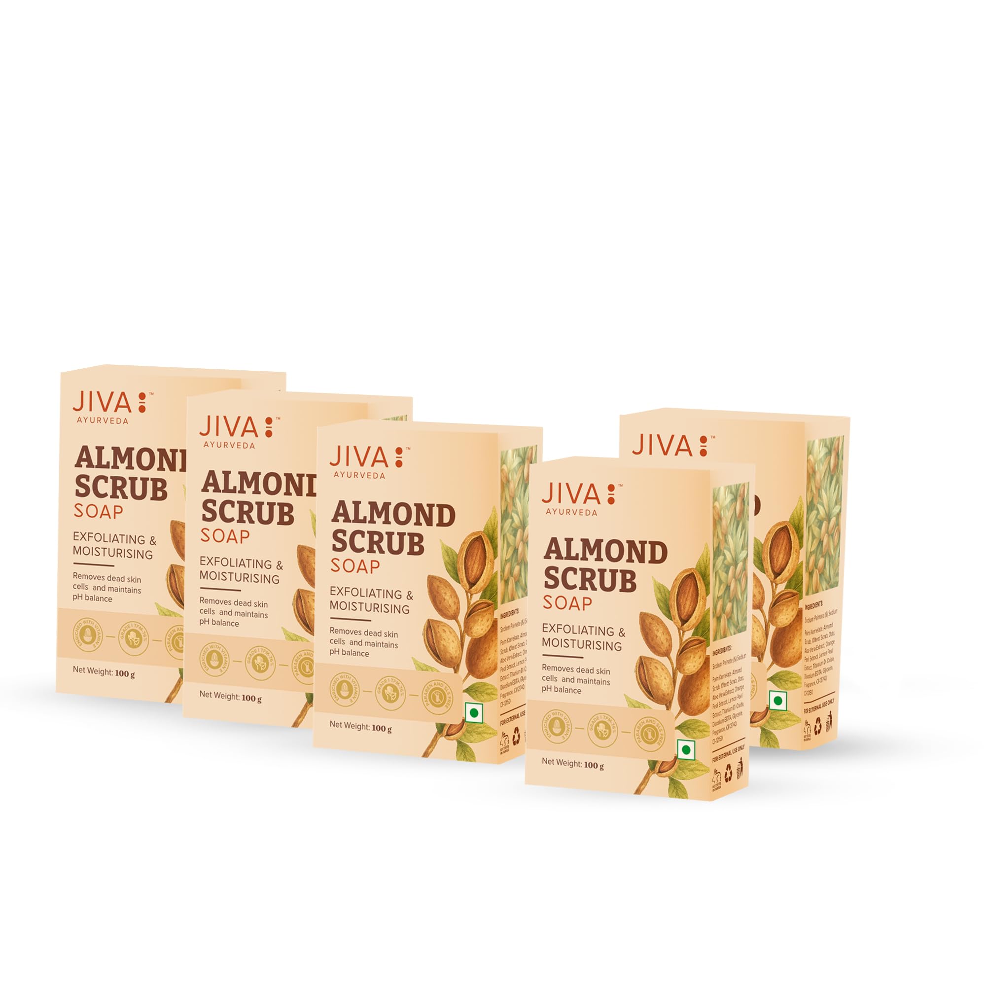 Jiva Almond Soap | Natural Badaam Soap for All Skin Types | Natural Cleanser for Glowing Skin | Helps Prevent Pimples and Blackheads - 100g (Pack of 5)-image-0