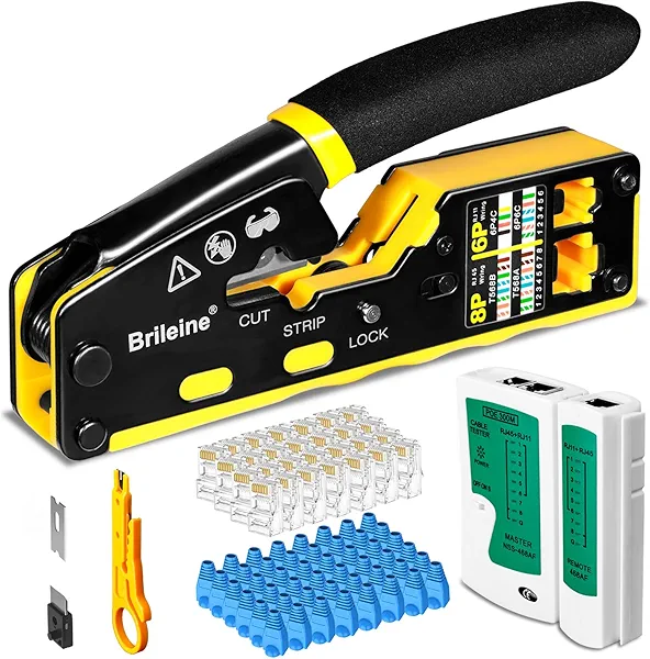 Brileine RJ45 Crimp Tool Pass Through Kit Ethernet Crimper Cat5 Cat5e Cat6 Crimping Tool for RJ11/RJ12 6P/8P with Network Lan Cable Tester, 50PCS Cat6 Connectors, 50PCS Boots, Mini Cable Stripper
