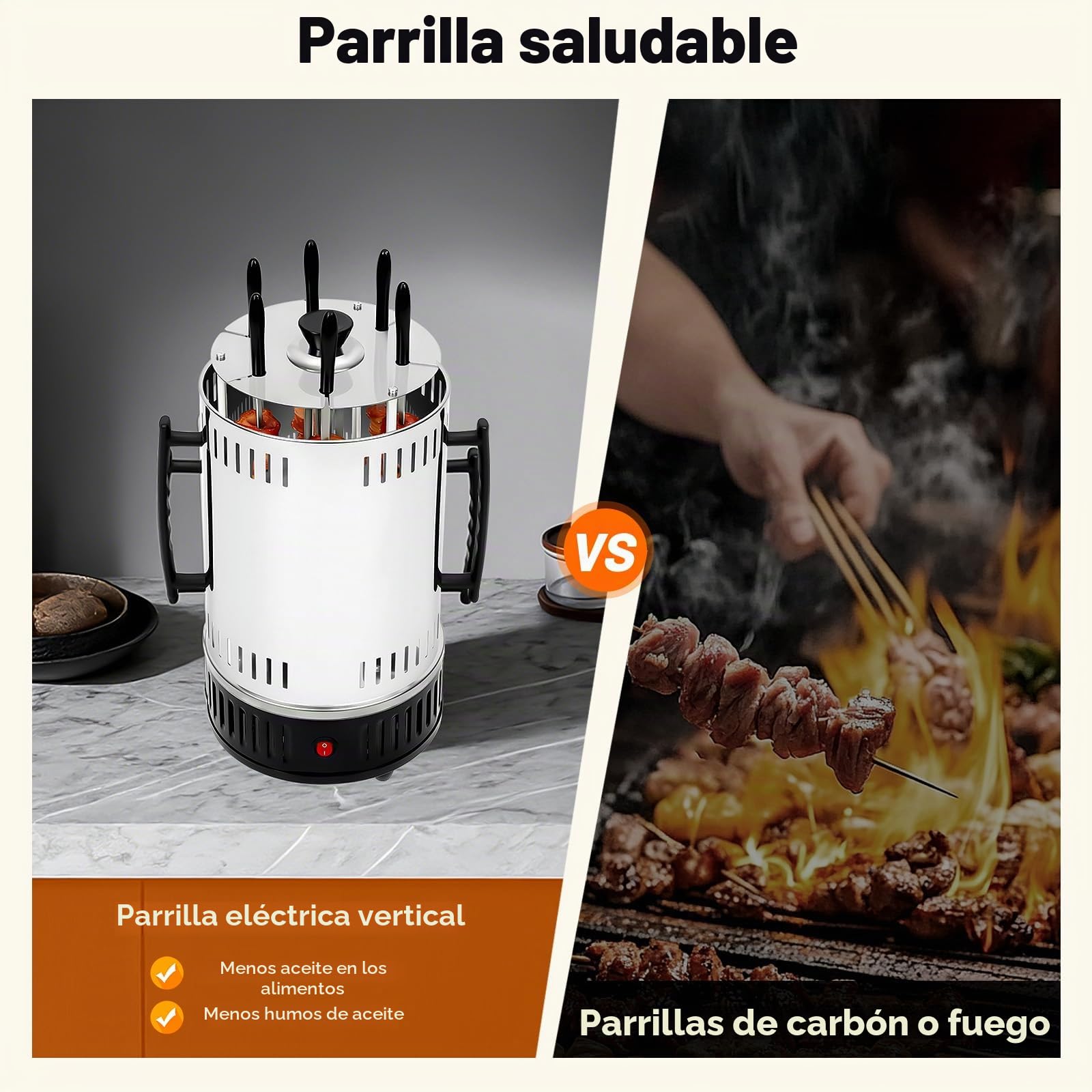 Barbacoa vertical eléctrica de 1000 W con 6 pinchos Independiente Parrilla eléctrica vertical de acero inoxidable con bandeja de gotas de aceite, parrilla vertical para barbacoas, picnics