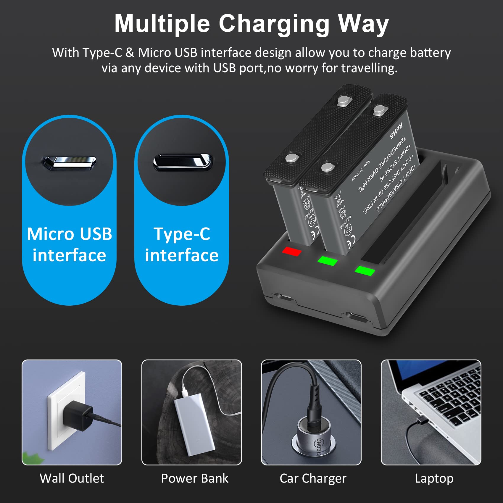 COOLSHOW Cámara de Acción X3 Batería de Repuesto 1800mAh 2 Packs y Cargador Triple X3 Compatible con Cámara X3 (Reemplaza para Batería X3)