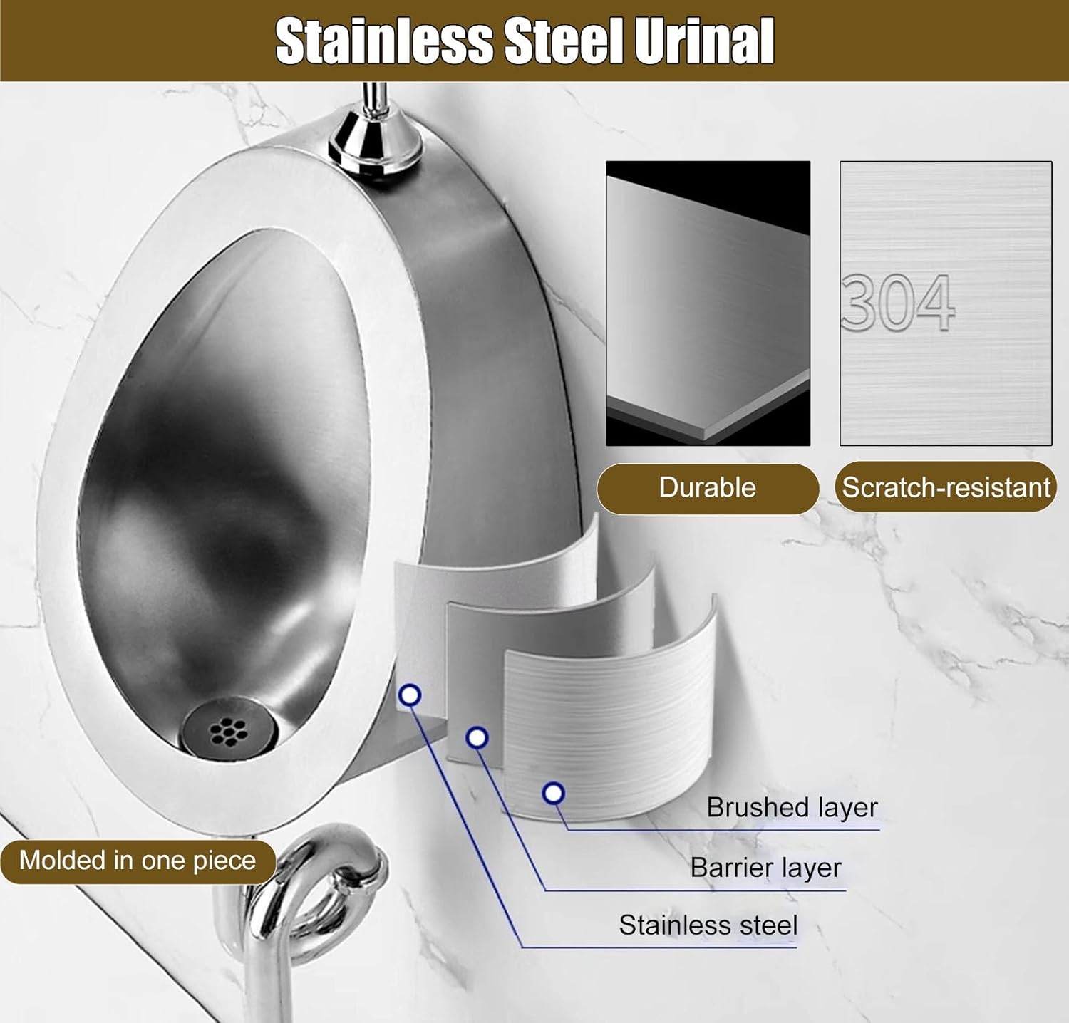 Male 304 Stainless Steel Manual Flush Valve Urinal, Home Wall Mounted Anti-Overflow/Flushing Urina with Drainage Kit, Commercial Barn Urinal Sinks(Floor Drain)