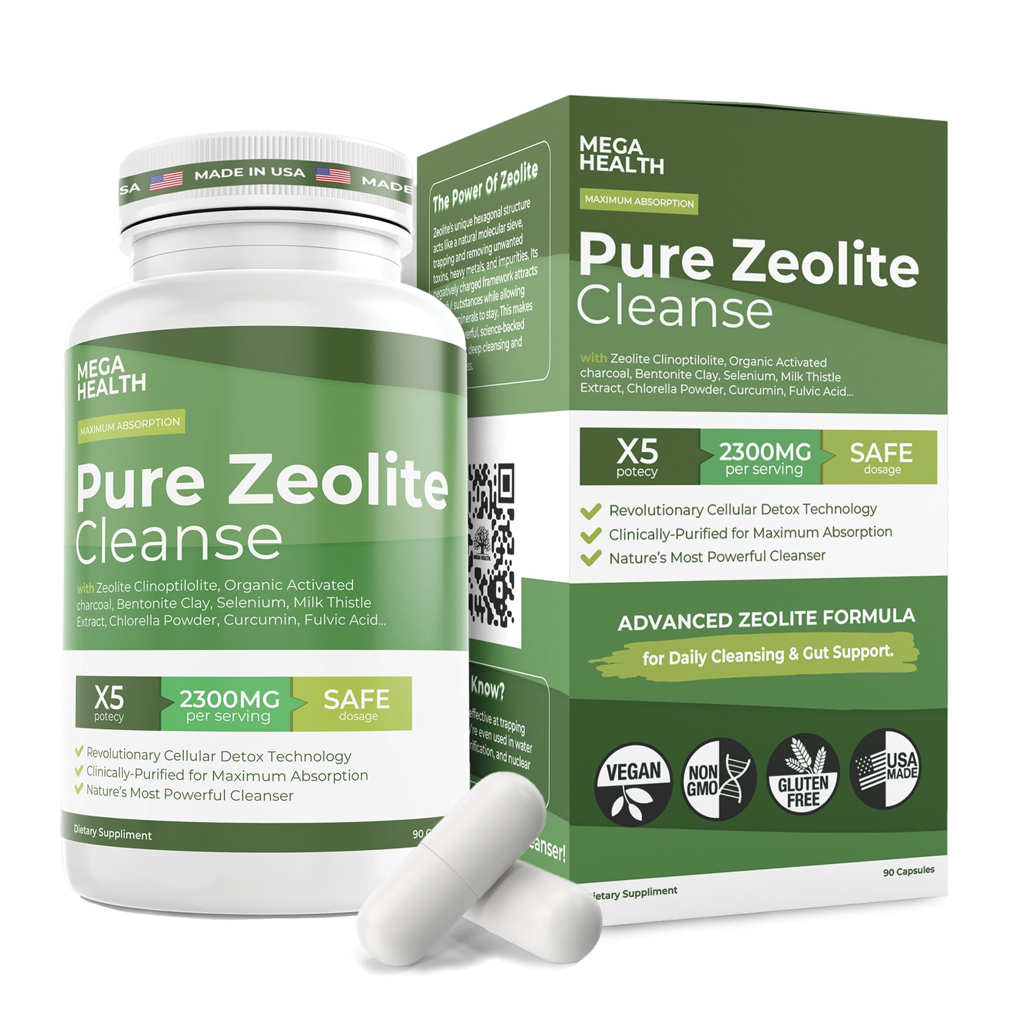 2300 MG Pure Zeolite Cleanse – Ultra-Fine Clinoptilolite Zeolite Detox, Activated Charcoal & Bentonite Clay – Liver & Gut Detox Cleanse, Toxin Flush, Digestive, Max Absorption, 90 Vegan Capsules