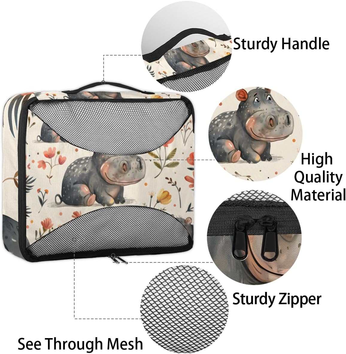 Retro Hippo Floral 4 Set Packing Cubes Packing Cubes for Women Lightweight Travel Essential Bag Clothes Carry on Suitcase Bags for Accessories Essentials