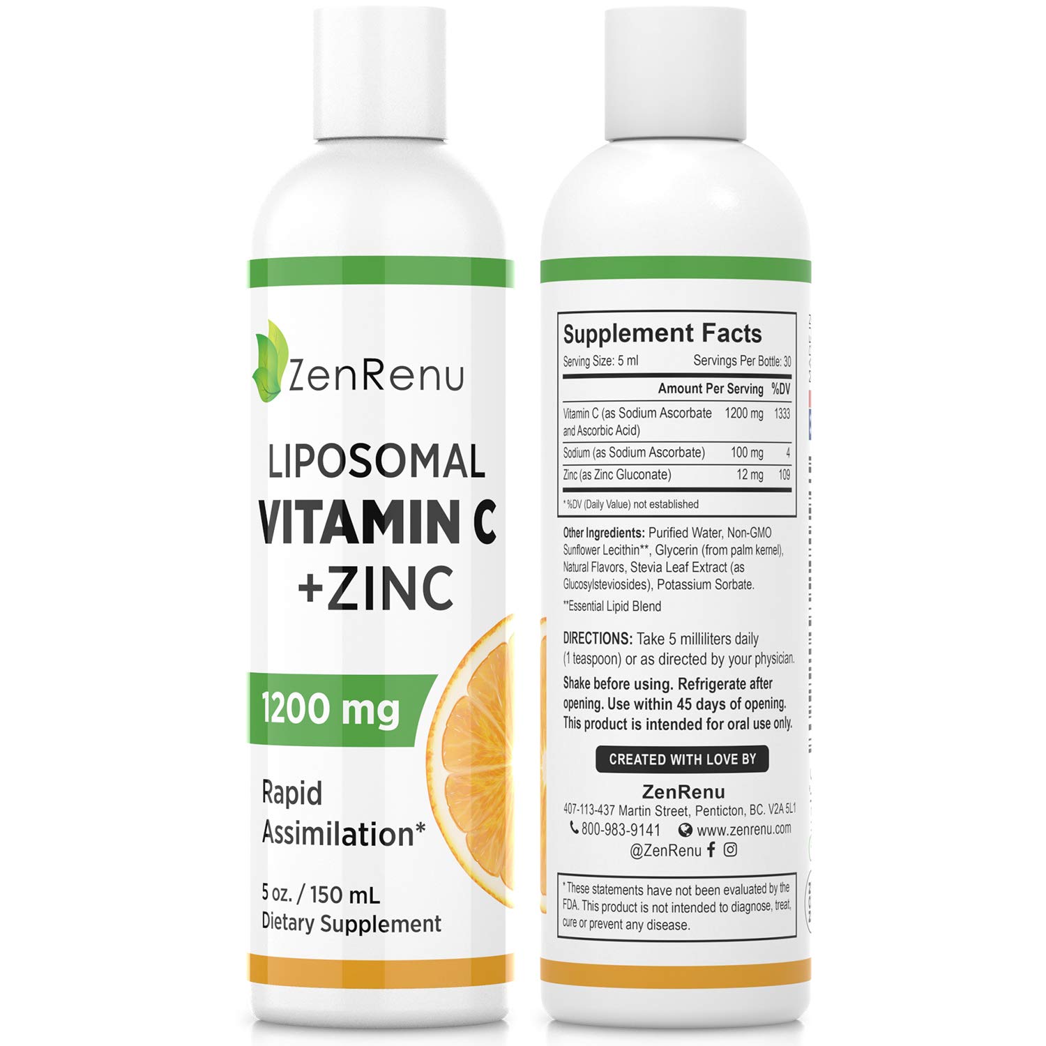 ZenrenuLiposomal Vitamin C and Zinc Liquid Drink for Adults & Kids - Non GMO Sunflower Lecithin - Max Antioxidant & Immune Support, 5 oz / 150 ml