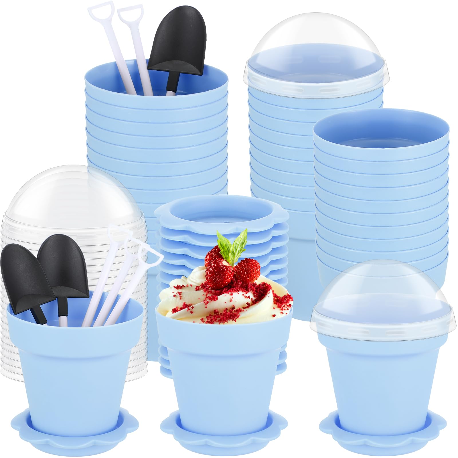 Honeydak 50 Pack Flowerpot Dessert Cup Plastic Cake Cups with Lid Shovel Spoon Bottom Tray Small Flower Pot Cups Dessert Ice Cream Yogurt Containers Holder for Ice Cream DIY (Light Blue)