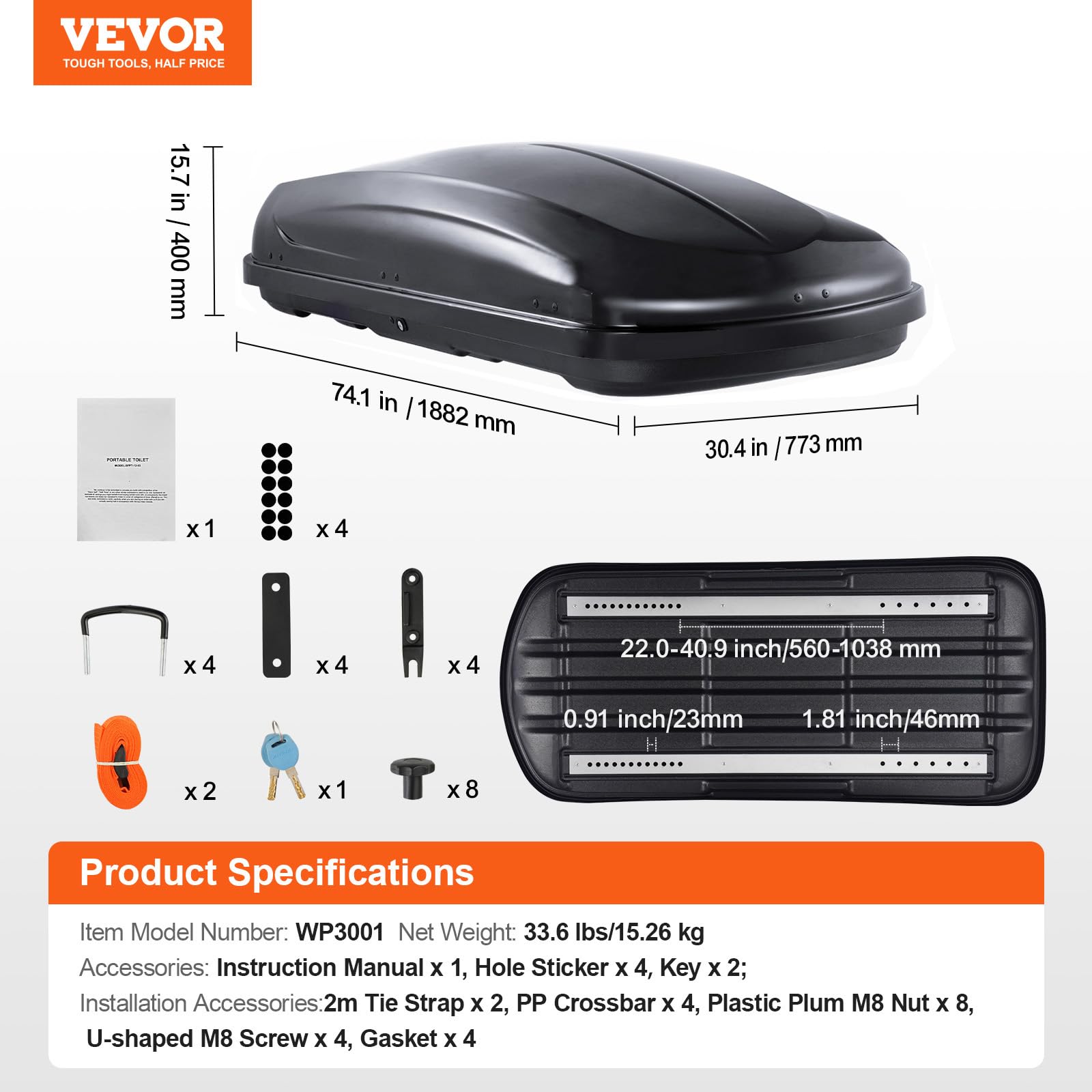 VEVOR Cofre de Techo 370 L Portaequipajes de Techo Rígido de ABS con Apertura de Doble Cara 2 Correas Reforzadas Aerodinámico Maletero Techo Coche para la Mayoría de Travesaños, Coche, SUV, Negro
