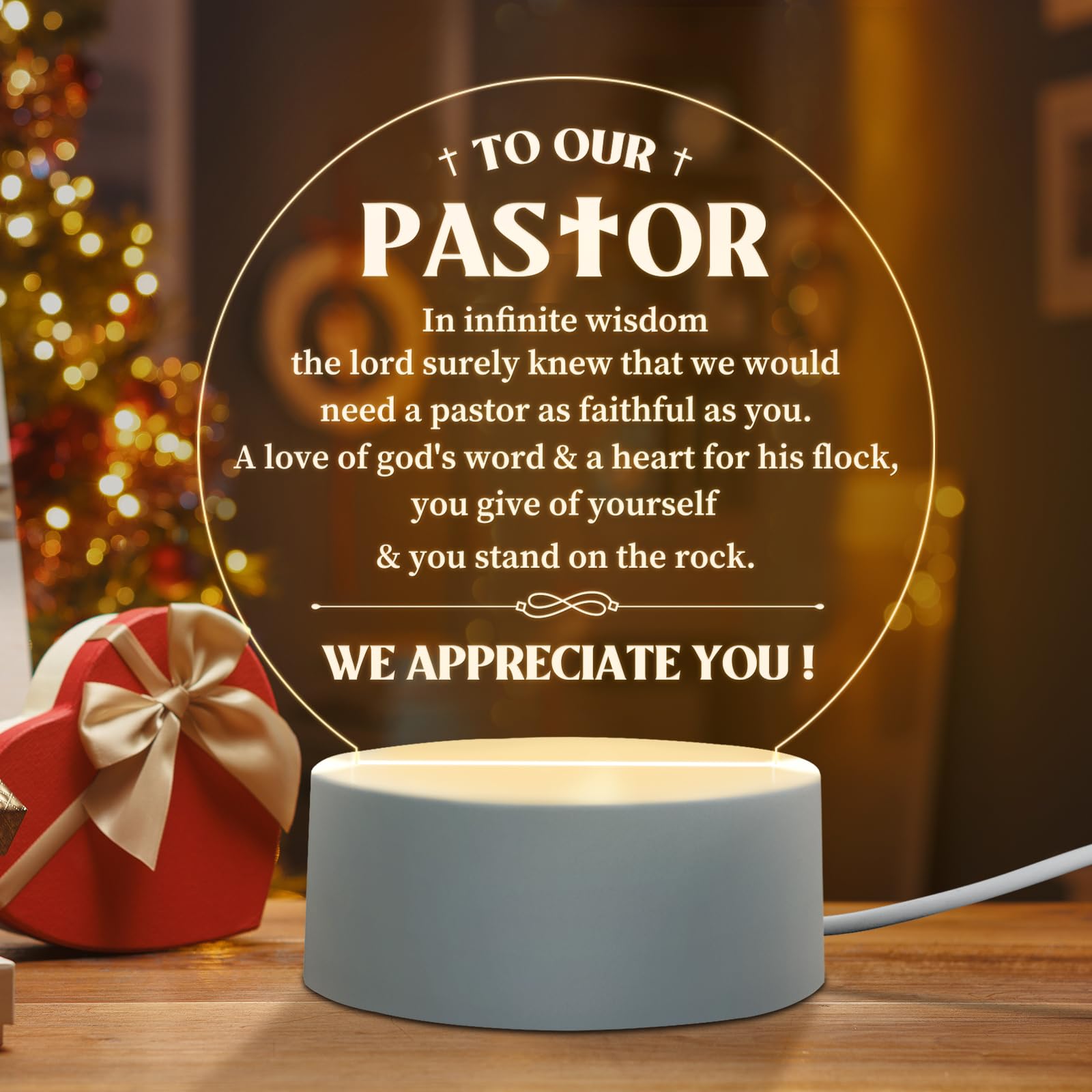 Niyewsor Pastor Appreciation Gifts - Engraved Night Light, Inspirational Thank You Pastor Gifts for Men, Birthday Gift for Pastor, Christian Night Lamp Present, YD03