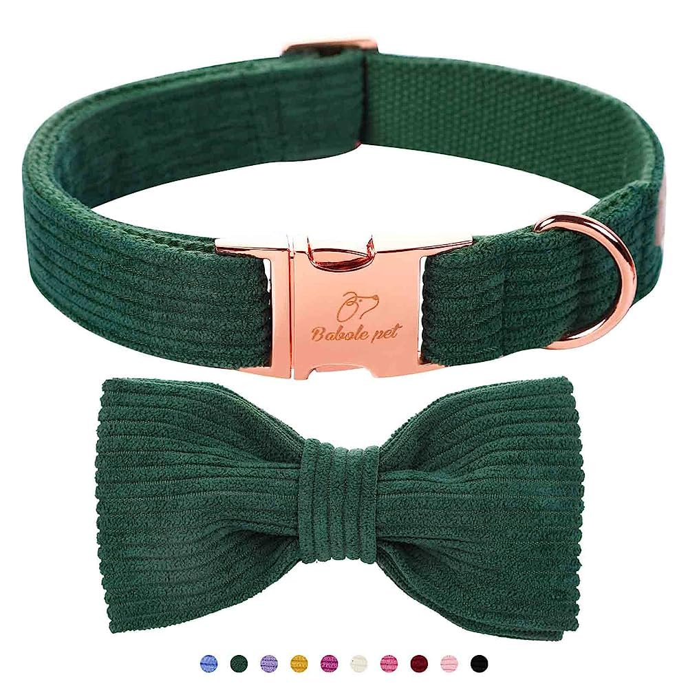 Babole Pet Green Dog Collars for Medium Dog,Cute Corduroy Dog Collar with Bow Tie Safety Metal Buckle Adjustable Puppy Collars for Small Medium Large