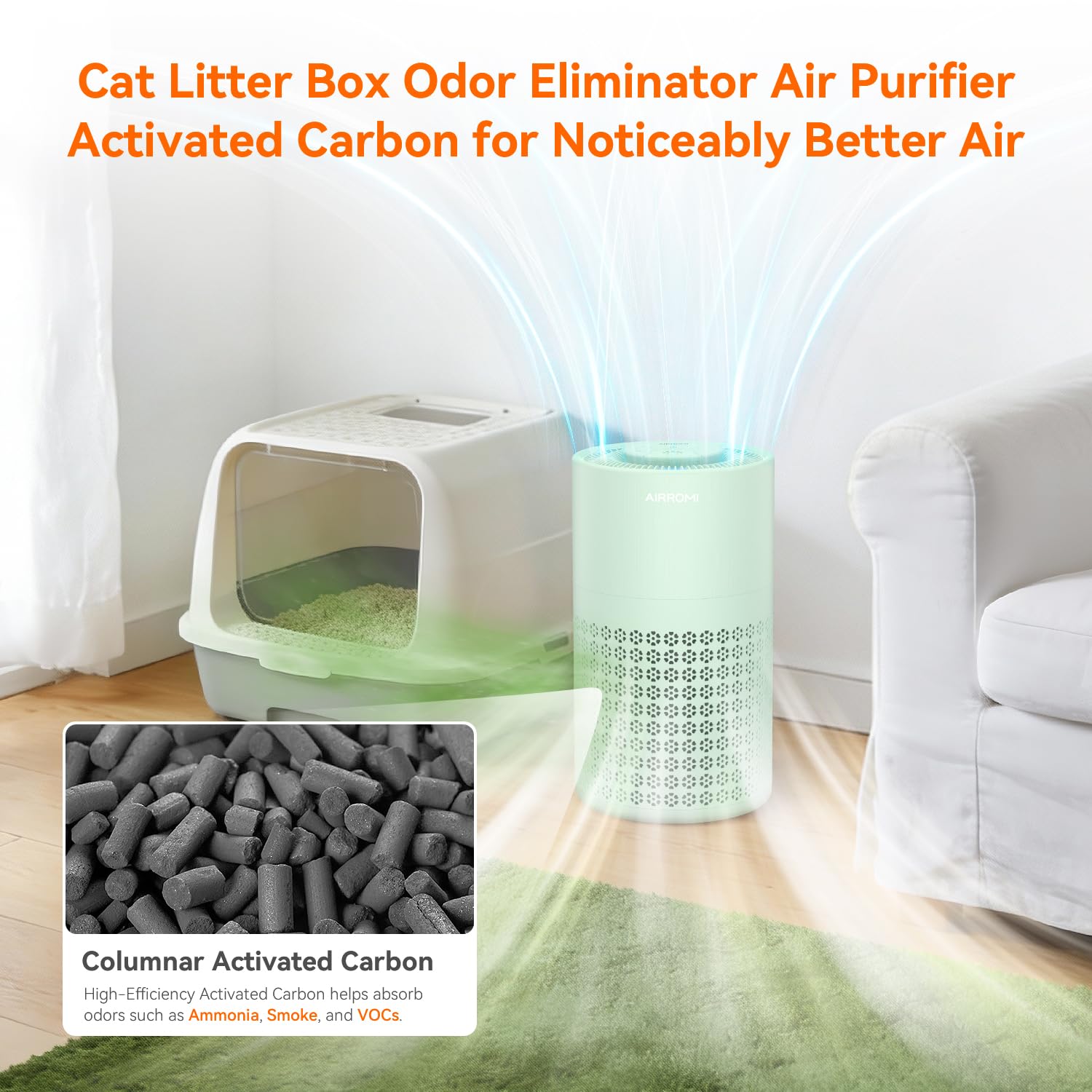 AIRROMI Air Purifier for Bedroom with True H13 HEPA 3-in-1 Filters, Pet Air Purifiers for Home Cat Pee Smell, Covers Up to 990 Ft², Quiet 360° intake Air Cleaner for Allergies Dust Smoke Odor Green