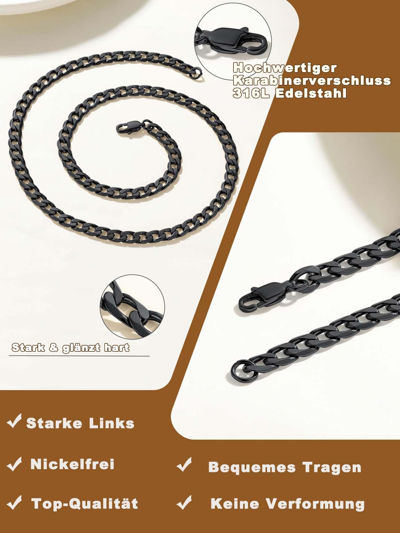 Suplight Unisex Kette personalisiert Klassische Ankerkette Venezianierkette 46/51/55/61/66/71/76cm Edelstahl/18k vergoldet 4mm/6mm Gliederkette Halskette mit Karabinerverschluss
