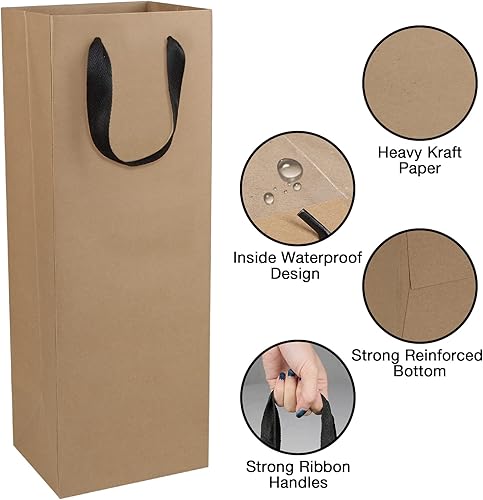 Miniatura 2 de Bolsas de regalo para botella de vino marrón a granel, paquete de 10 bolsas de regalo de papel kraft con asas de 4 x 4 x 14 pulgadas para alcohol de