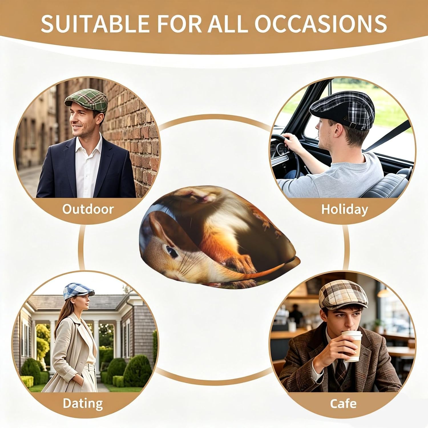 Squirrel Funny Animal Newsboy Cap for Men Women Classic Flat Cap Black