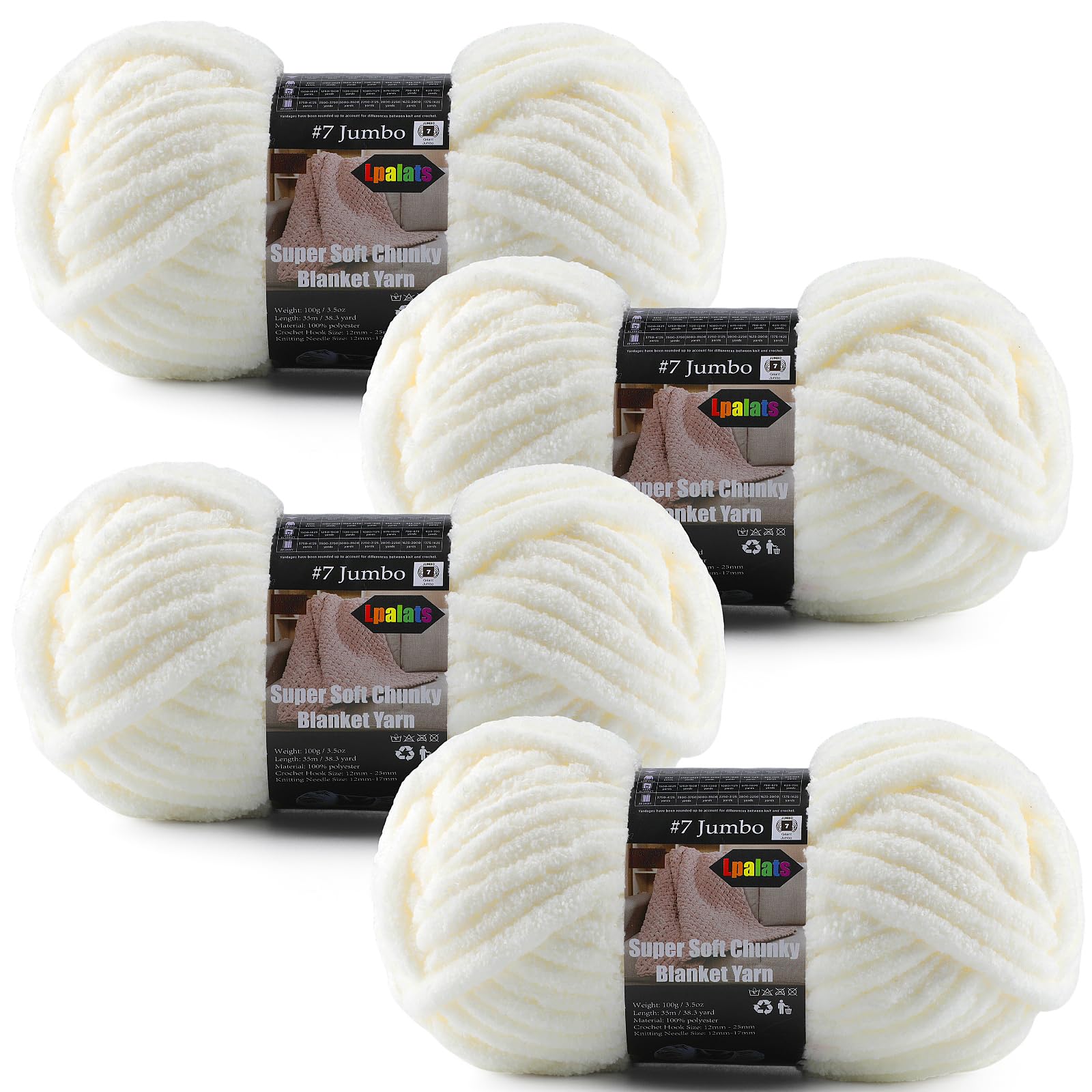 4-Pack Chunky Yarn for Crocheting Blankets &amp; Big Projects - 14oz/152.8yd Total, Ultra Soft &amp; Bulky Chenille Yarn, Perfect for Blankets, Amigurumi, Cream