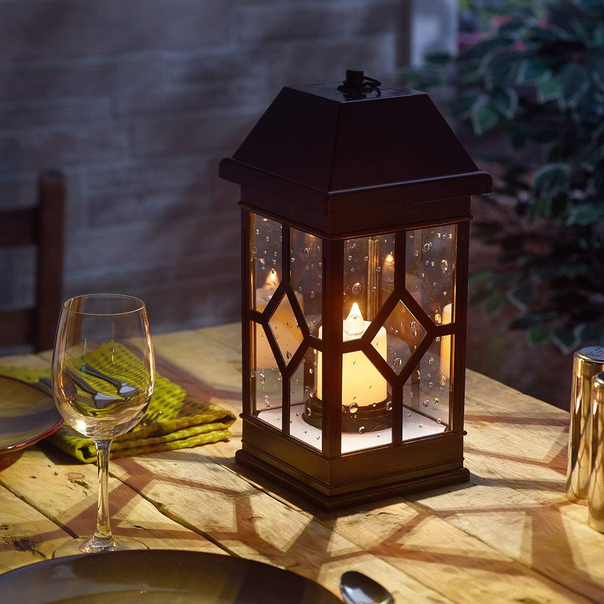 Smart Solar San Felipe II Outdoor LED Solar Lantern with Hanging Loop and Real Seeded Glass Shade, Solar-Powered Hanging Lantern for Gardens and Patios, Bronze
