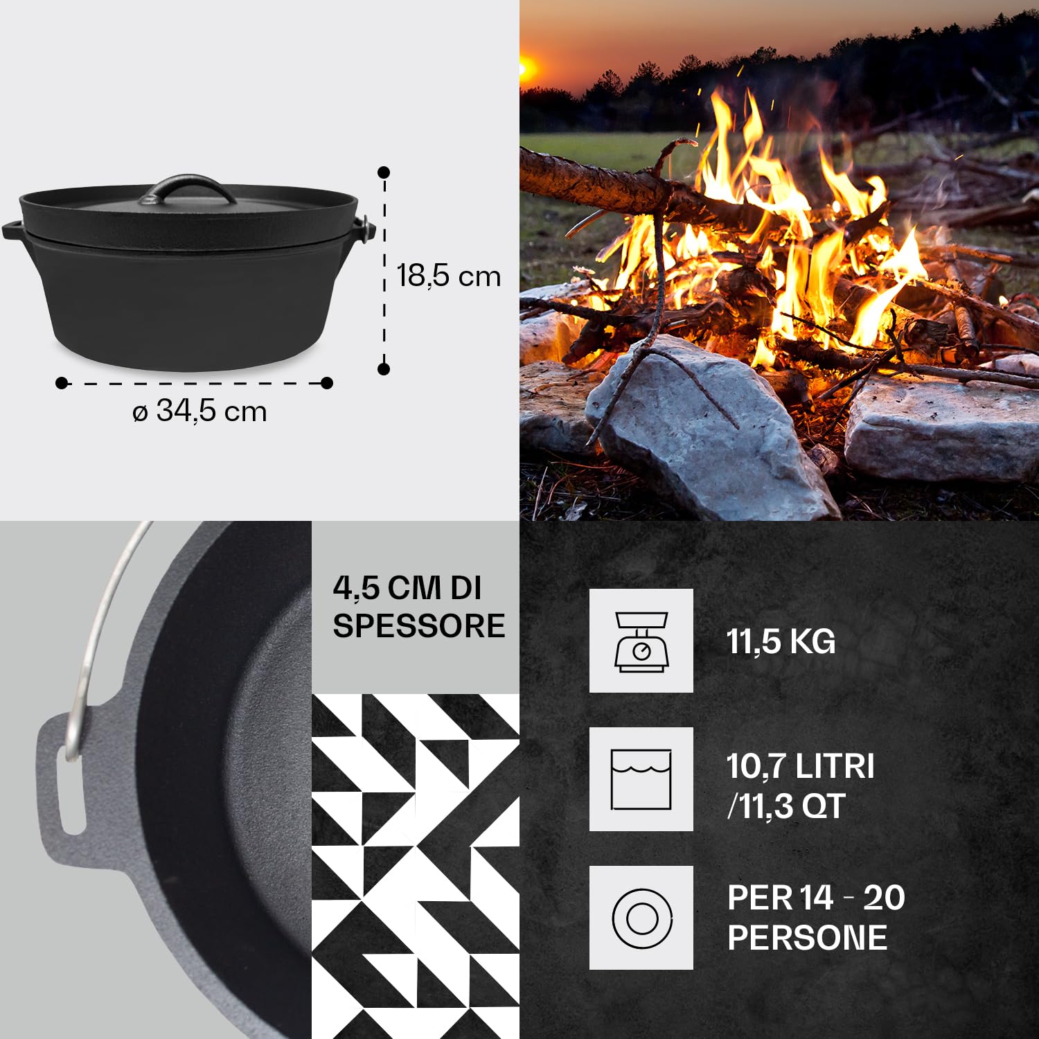 ToCi Dutch Oven Pre-Stagionato, Forno Olandese con Coperchio in Ghisa, Casseruola da Campeggio con Leva e Supporto del Coperchio, 10.7 Litri