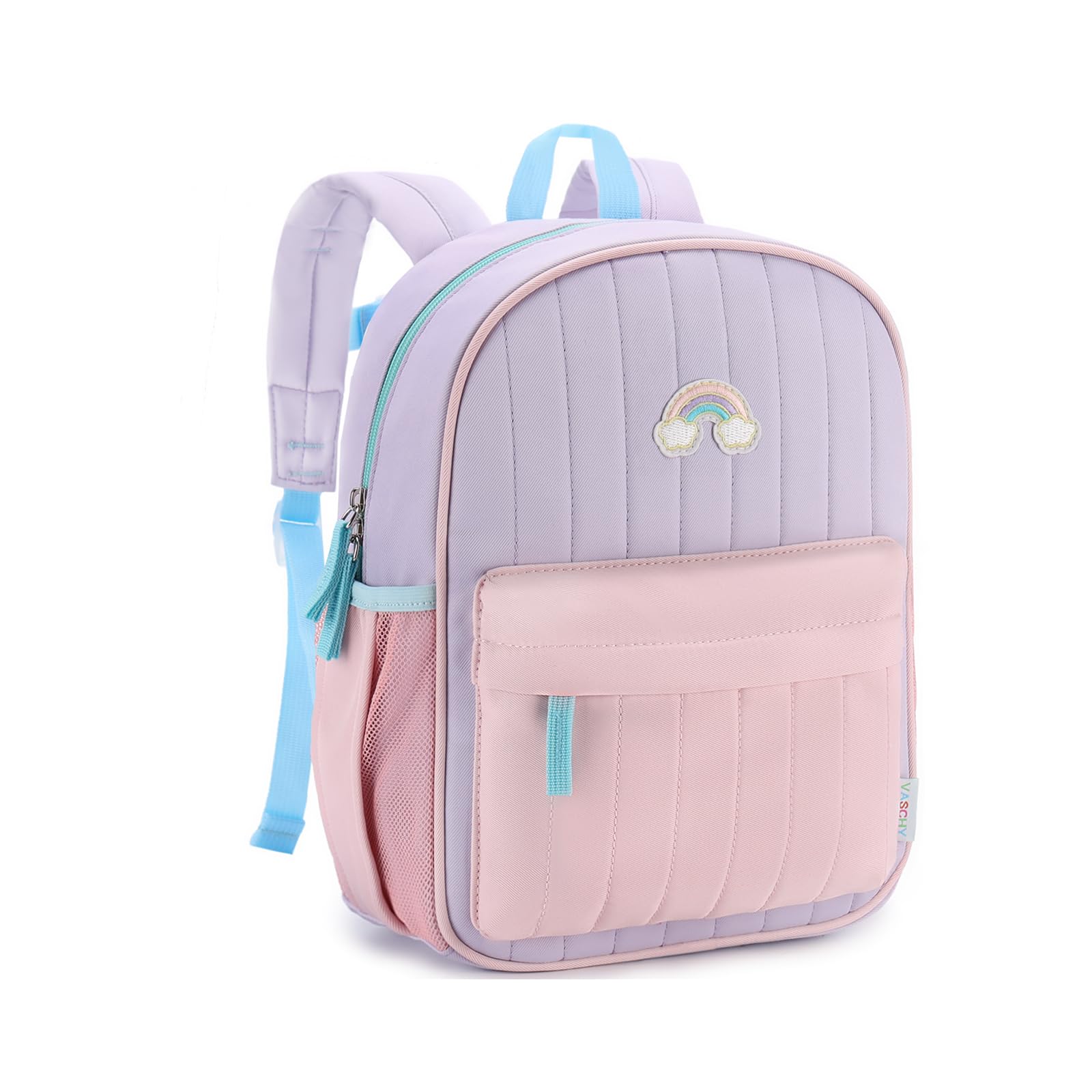 VASCHY Toddler Girls Backpack, Kids' Small Lightweight Quilted Color-blocked Bookbag School Backpack for Kindergarten Children Light Purple Pink