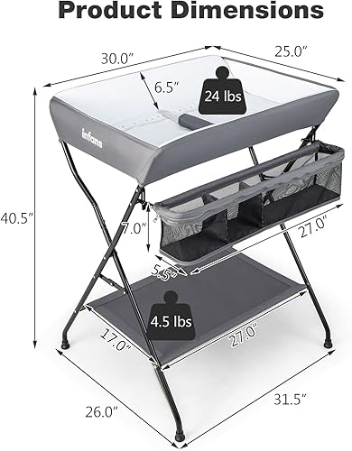 Miniatura 6 de INFANS Cambiador de bebé, estación de pañales plegable, organizador portátil para guardería con cinturón de seguridad y estantes de almacenamiento