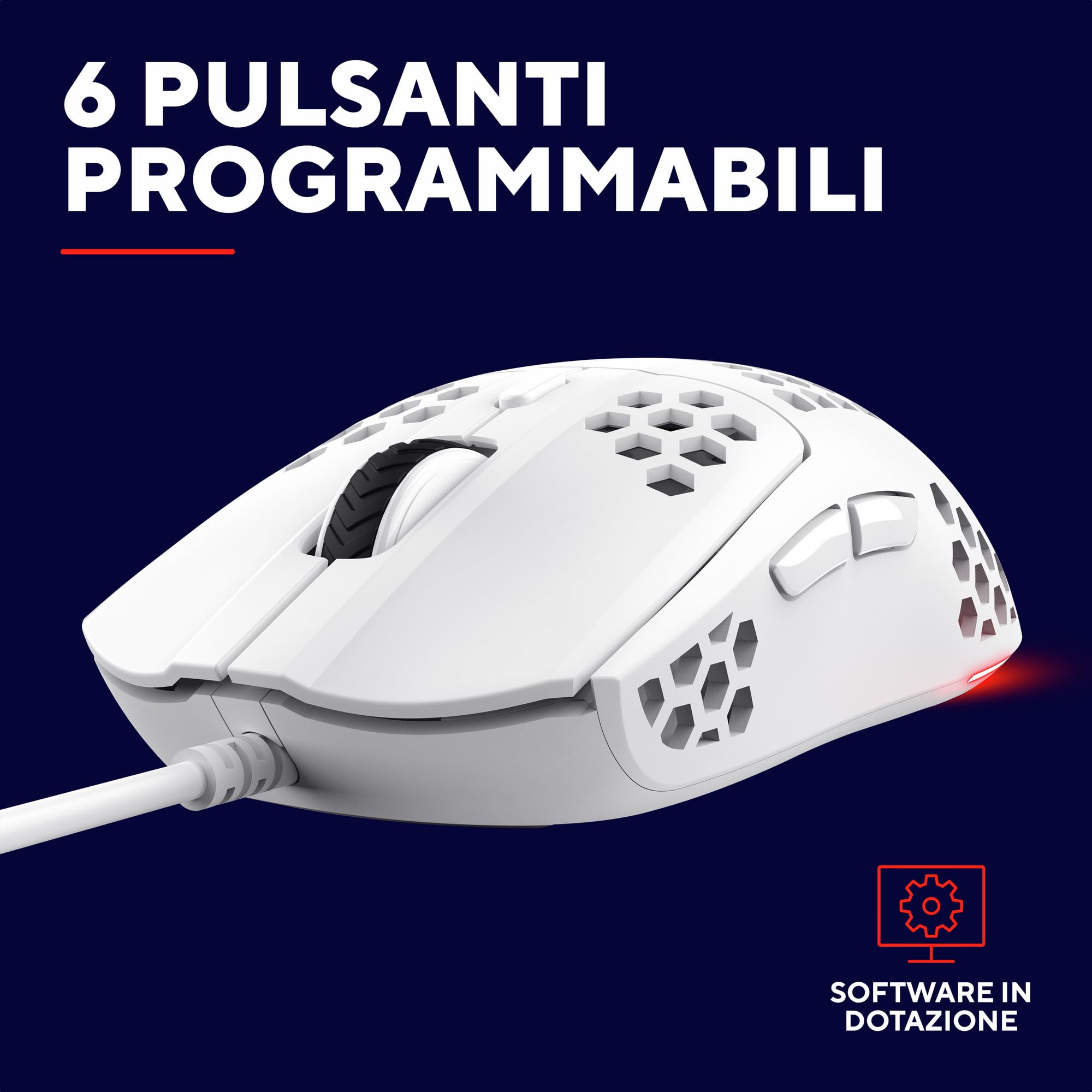 Trust Gaming GXT 928W Helox Mouse Gaming Superleggero 65g con Filo, Regolazione DPI 200-6400 Sensore Ottico, 6 Pulsanti Programmabili, Illuminazione RGB, Mouse da Gaming per PC Desktop Laptop, Bianco