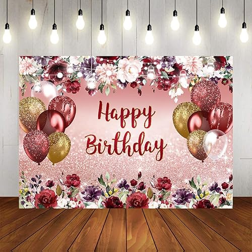 Miniatura 5 de Mocsicka Telón de fondo floral de feliz cumpleaños, flores burdeos, oro rosa, fondo de fotos con purpurina, vinilo para niñas y mujeres, decoración