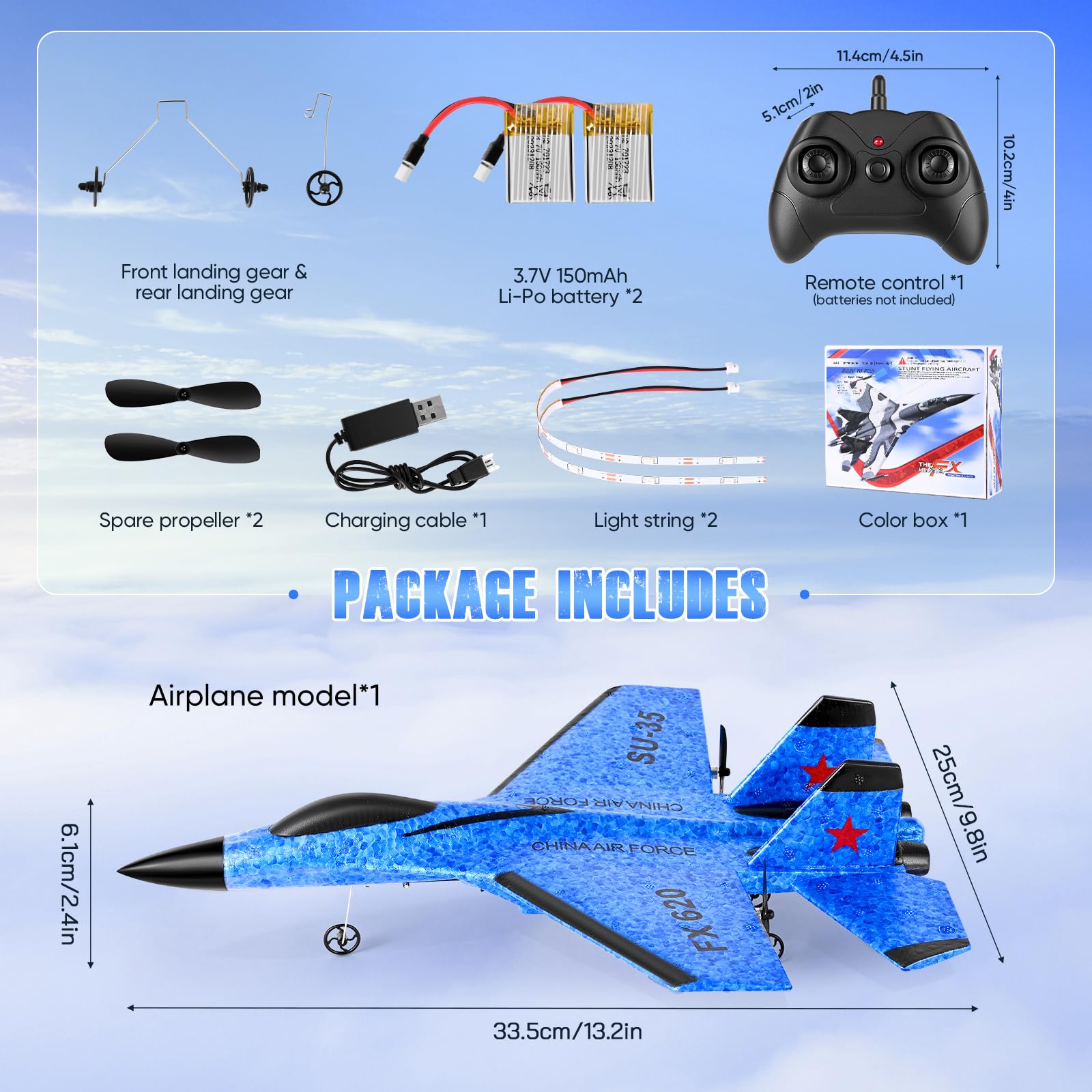 Avion Télécommandé 2.4 GHz RC, 2 Modes Démarrage, Gyroscope 3 Axes, LED, USB, Bleu