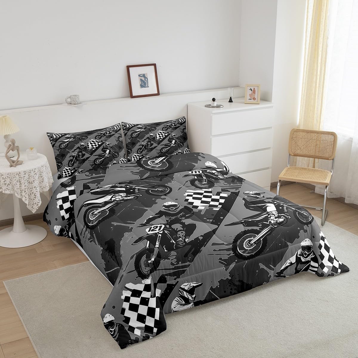 jejeloiu Dirt Bike Bedding Set Toddler Size Motorcycle Comforter Cover for Boys Girls Teens Gray Black Duvet Cover Breathable Soft Lightweight Microfiber