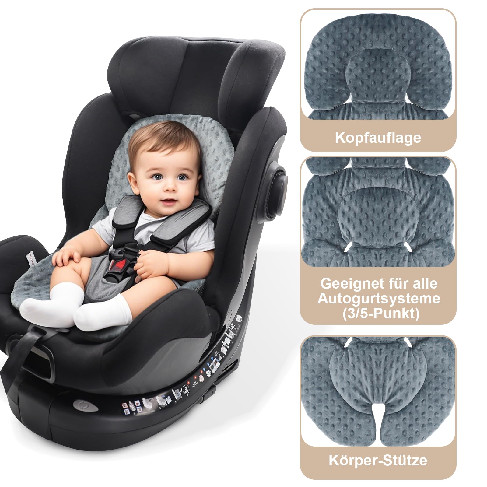 Coussin de siège auto pour bébé - Soutien de la tête et du corps pour nouveau-né - Coussin réversible 2 en 1 - Coussin de poussette doux - Pour sièges auto, landaus, poussettes et balançoires - Gris