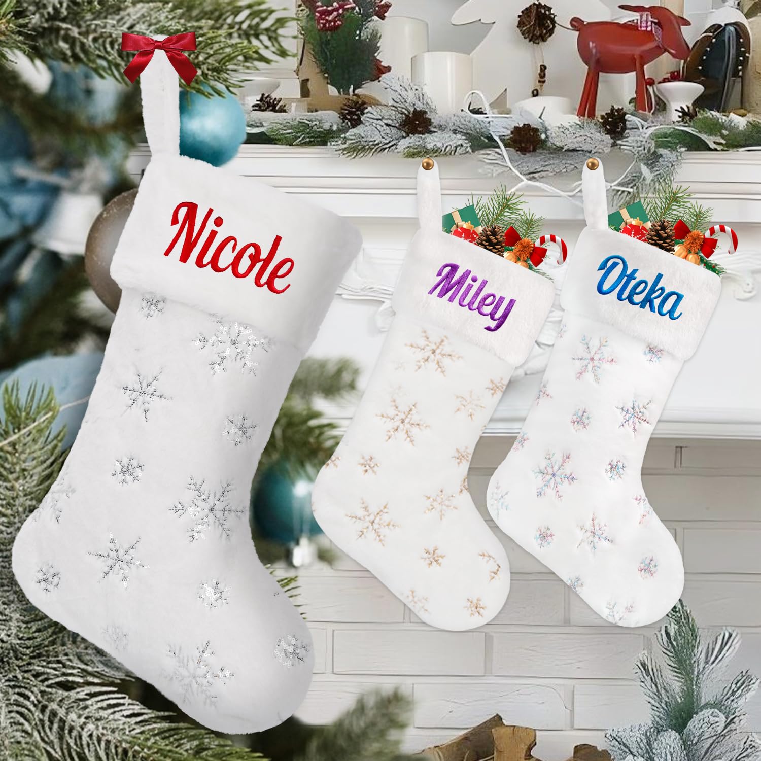 VRFASHION Personalized Christmas Stockings, 18" Large Custom Embroidered Name Xmas Stockings, 2 Pcs White Xmas Fireplace Hanging Stocking with Snowflake Pattern, Christmas Decorations for Family Party
