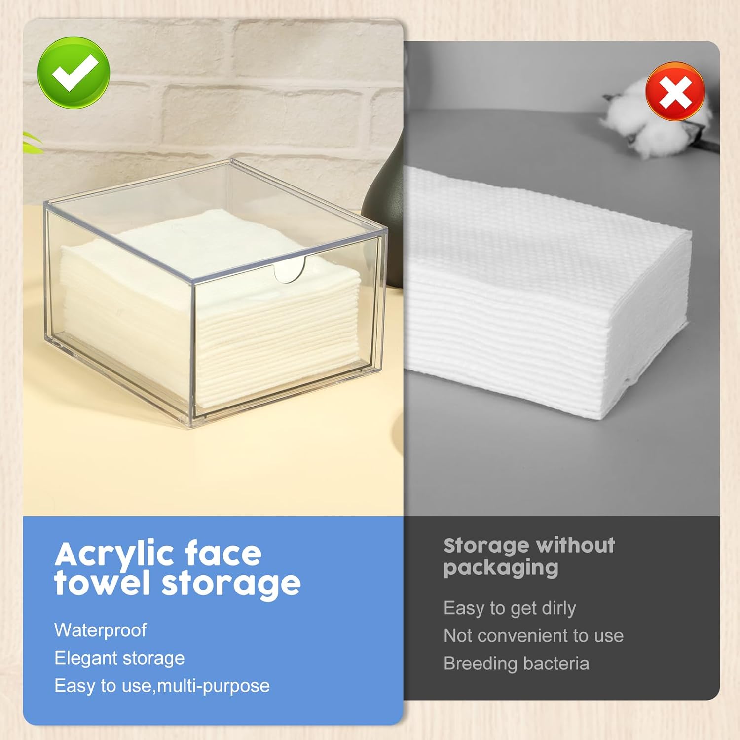 Rainmae Disposable Face Towel Holder, Face Towel Storage Box Bin, Stackable Clear Makeup Organizer with Drawer for Clean Skin Club Face XL Towels Holder for Vanity Bathroom and Makeup Organization - Image 6