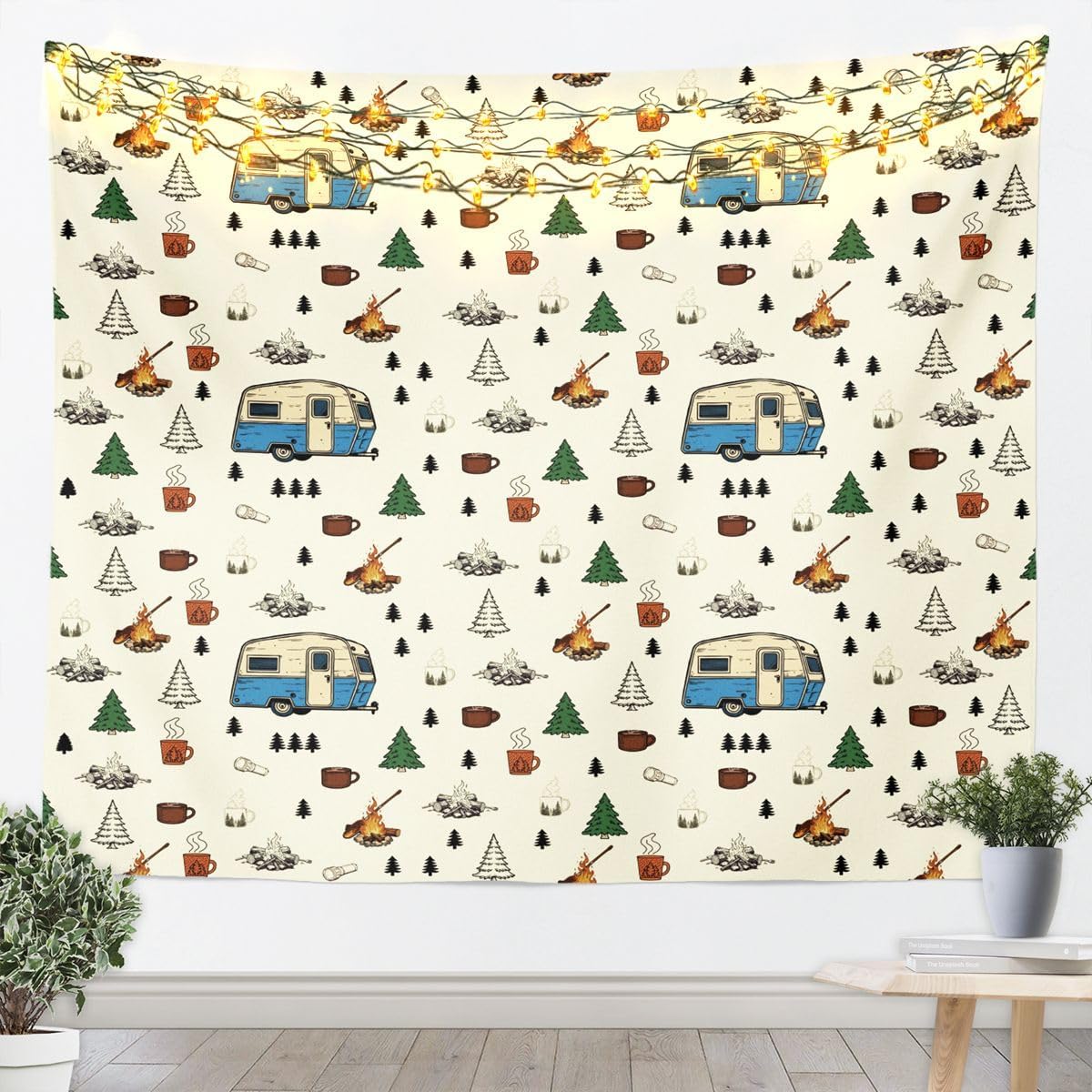 Feelyou Happy Camping Tapestry Medium 59"x59" Cabin Woodland Campfire Wall Hanging Blanket Vintage Farmhouse Hunting Wall Art for Living Room Bedroom Decoration