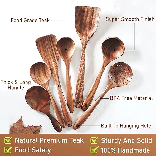 Miniatura 3 de FJNATINH Juego de utensilios de cocina de madera antiadherentes de 7 piezas, utensilios de cocina naturales y saludables (7 piezas)