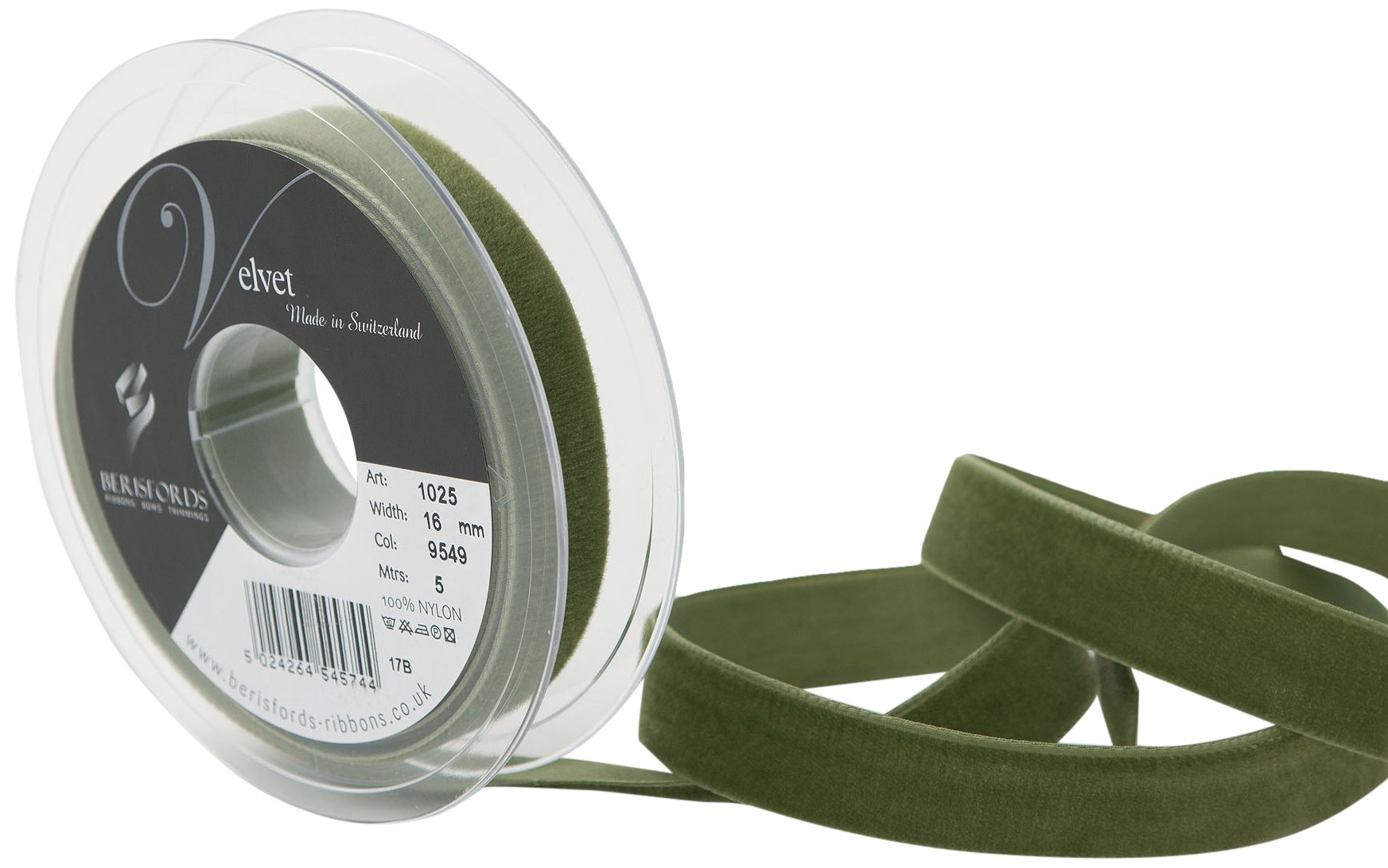 BerisfordsVelvet Ribbon, Moss, 10.2 x 2.1 x 10.2 cm