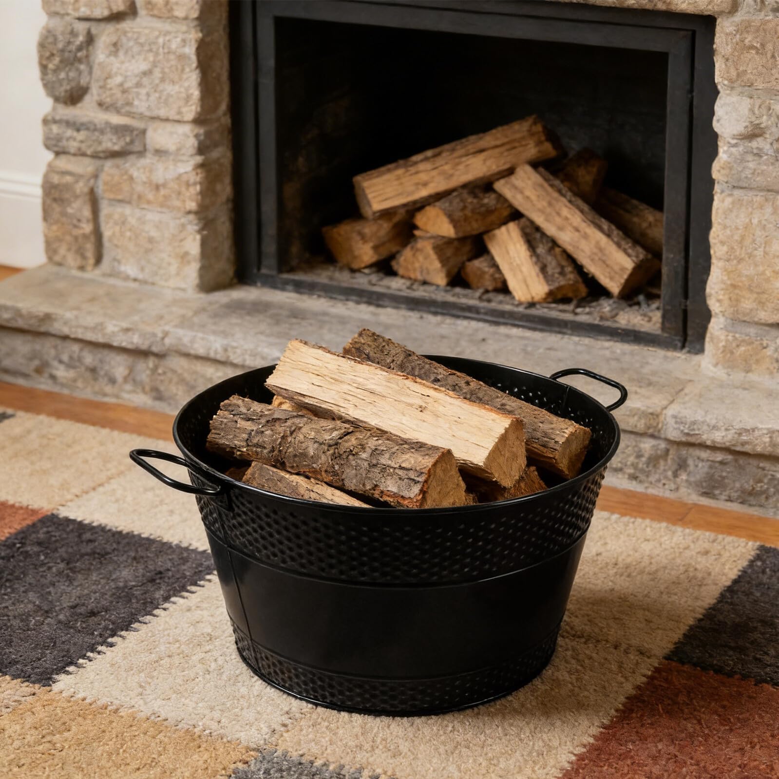 Sosoport Cubo de Almacenamiento de Carbón de Hierro Negro con Asas Dobles, Leñero Metálico para Chimenea Interior, Contenedor para Cenizas y Leña, 33 X 33 X 19 Cm, Soporte Práctico