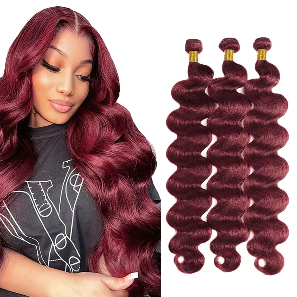 Jucames #99J Burgundy Red Color Body Wave Double Weft Human Hair Bundles 30 32 34 Inch Unprocessed Virgin Human Hair Extension 1 Bundles 50g Total 150g Wine Red Color