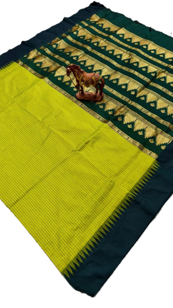 Women's Pure Kalyani Cotton Saree with Zari Border | lime Green with dark green pallu and blouse – Traditional & Lightweight | Elegant look-picture-21