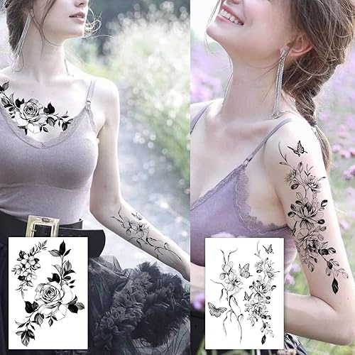 Miniatura 3 de Tatuajes temporales para mujer, sexy, muslo, pecho, hombro, estómago, flor grande, enormes tatuajes falsos, exquisitos y estéticos, diseñados por