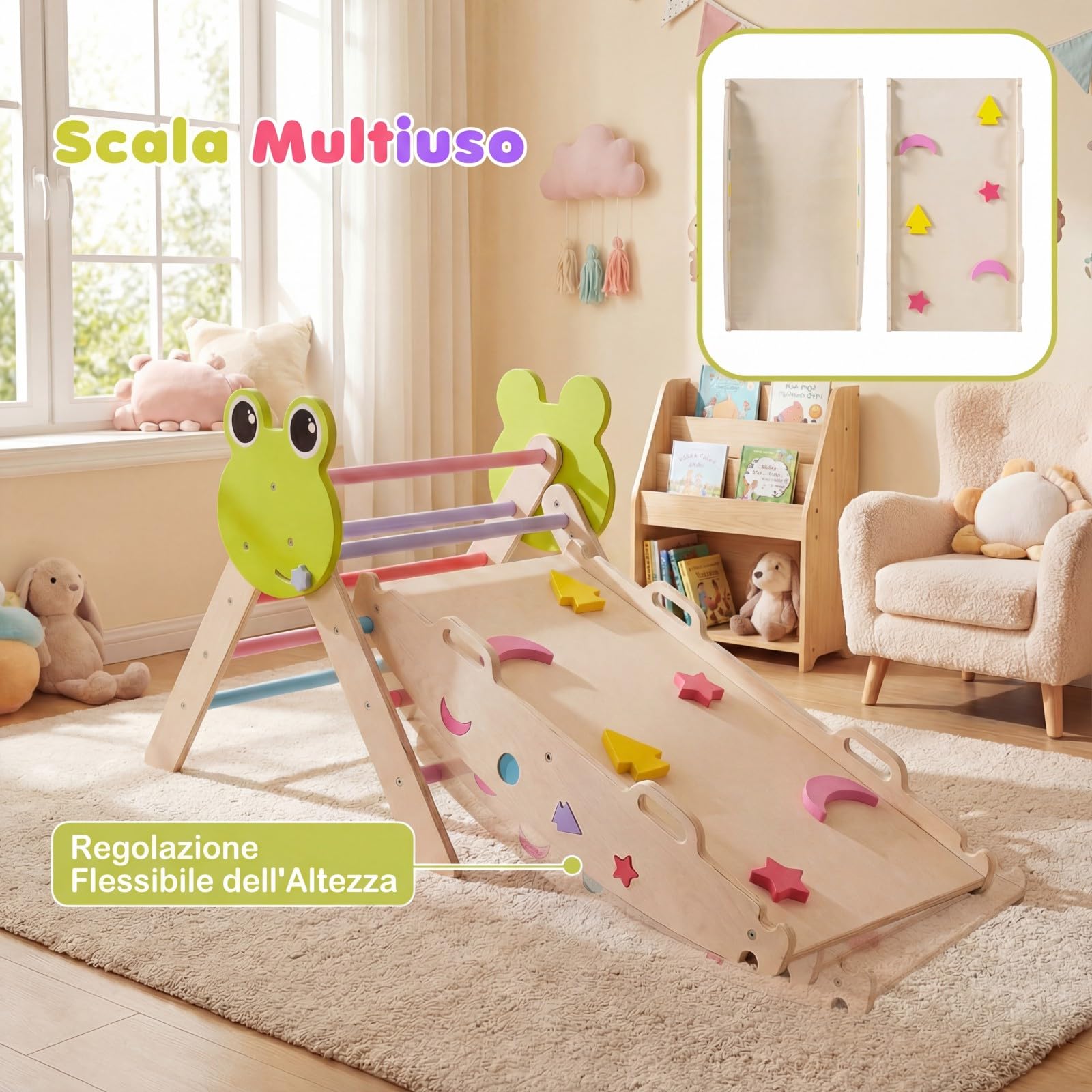 RELAX4LIFE Set da Arrampicata per Bambini, Triangolo di Arrampicata con Scivolo e Arco, Gioco di Incastri in Legno, Gioco Montessori per Bambini 1+ Anni (Rana-3 Pezzi | Colorato)