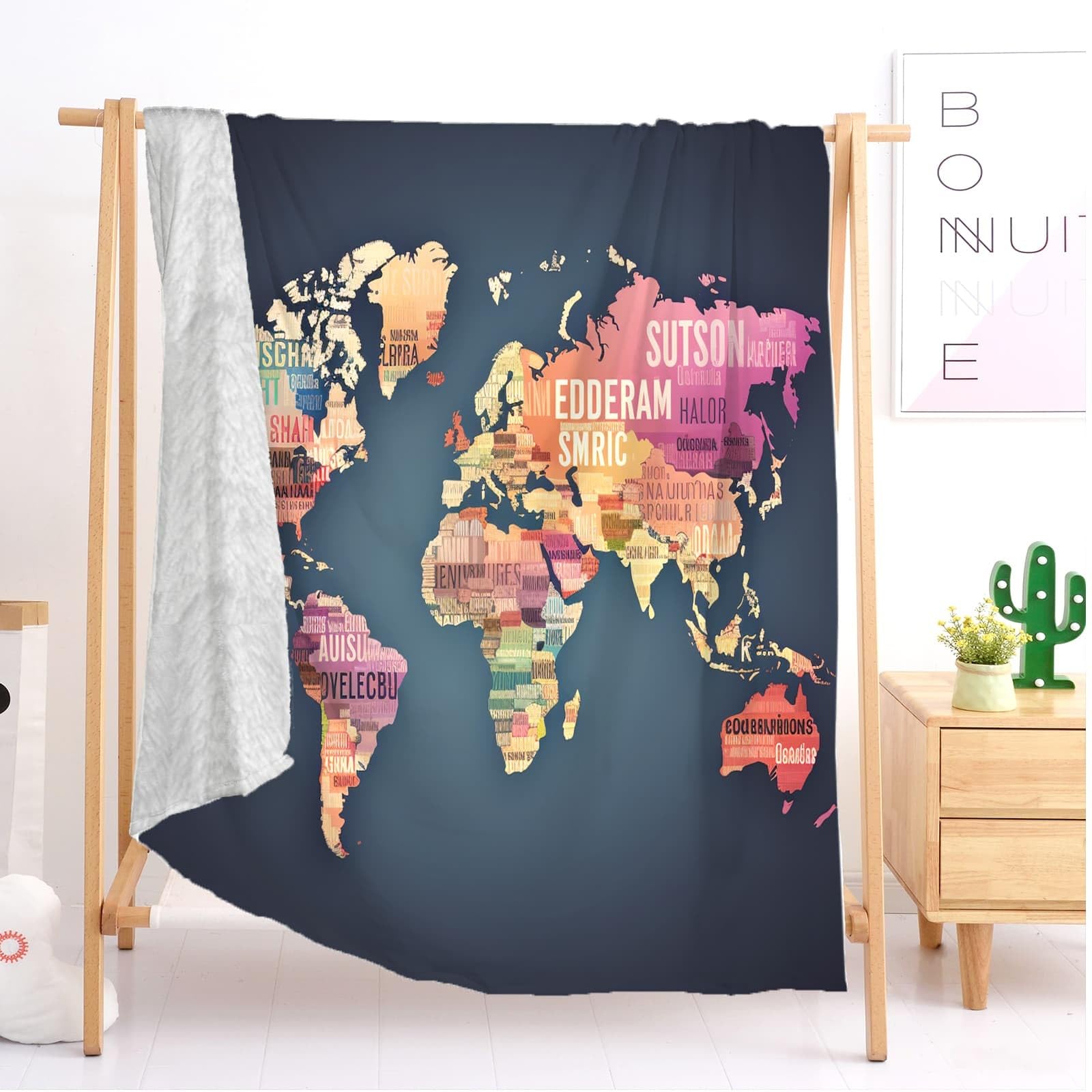 Genérico Sherpa XXL 180x200cm Tema del Mapa De Colores Esponjoso Franela Suave cálida y Ligera Lavable a Máquina Lavanda Mantas de Lana Sofá Manta para Niños y Adultos