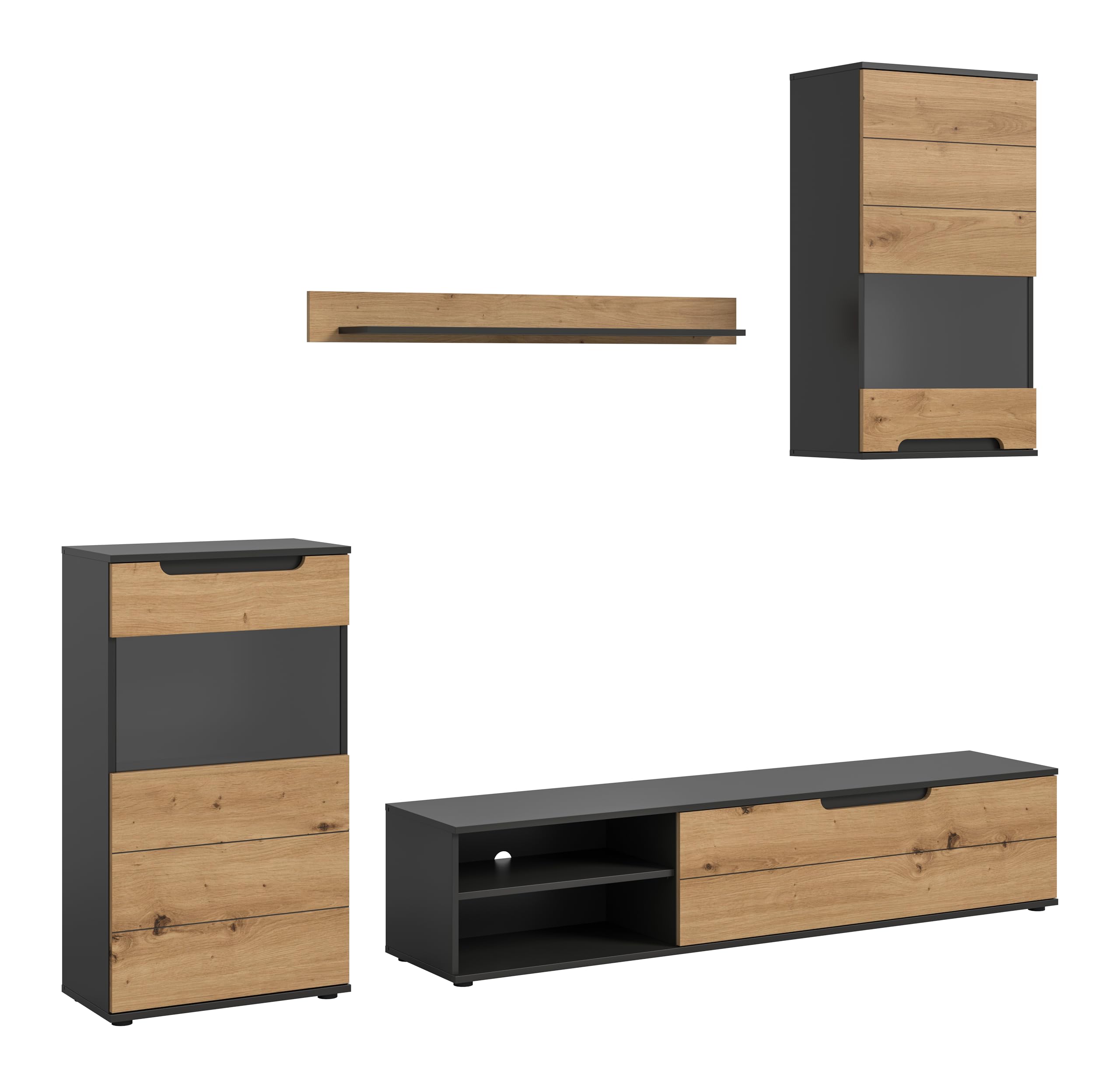 xonox.home - Wohnwand Cajak 4-TLG. Set 246x182x37 cm in Basalt grau und Artisan - Wohnidee Möbelstück Einrichtung Designermöbel - nordisches Design hochwertig verarbeitet schöner Blickfang