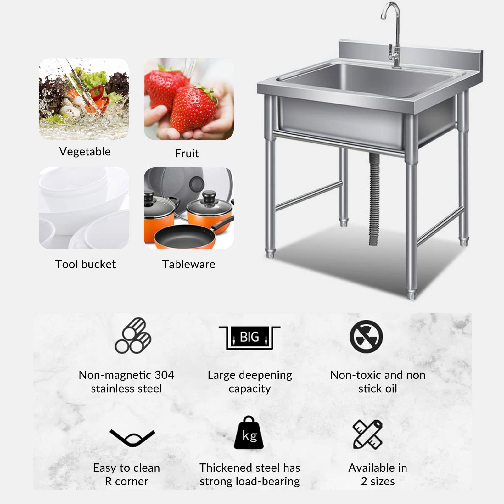 Lavello da Cucina in Acciaio Inox a Vasca Singola, Quadrato, da Incasso, autoportante, con Rubinetto, per Interni, Esterni, Bagno, Ristorante, Stile Rustico.