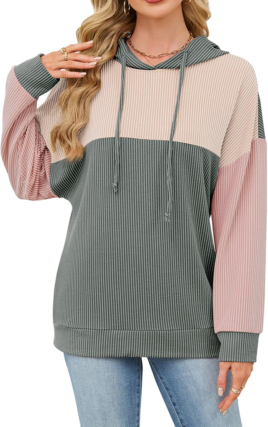 Women Color Block Oversized Hoodies Sweatshirt Casual Long Sleeve Hoodies Drawstring Sweatshirt Pullover - Image 2