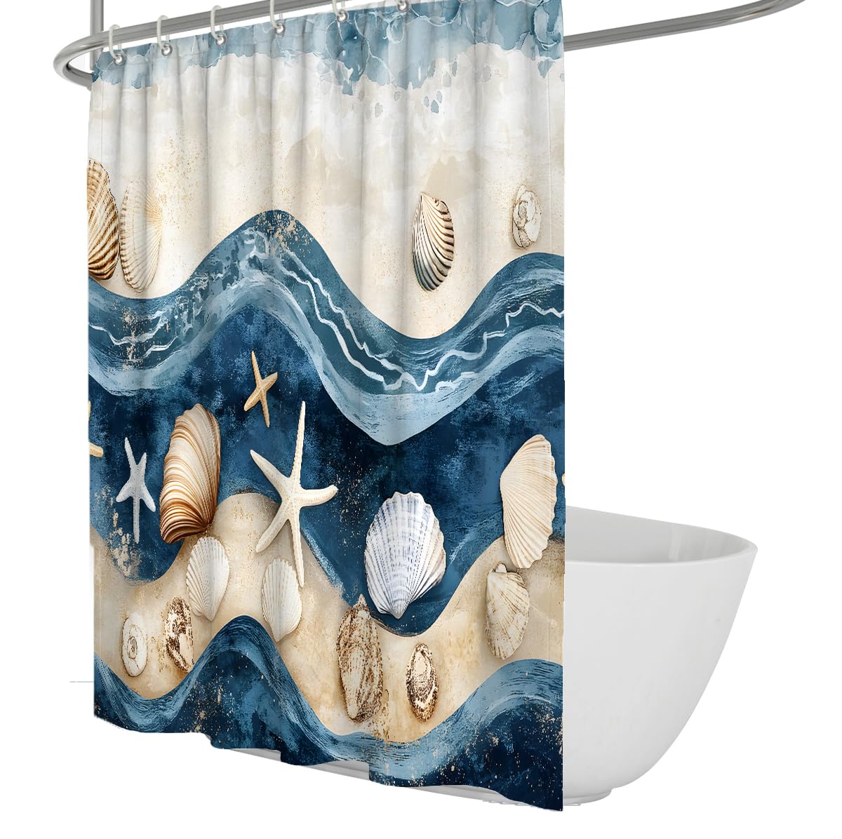 OLLIAR Home Starfish Beach Coastal Shower Curtain Ocean Seashells Conch Seacoast Sand Sea Waves Bathroom Curtain Set Modern Bathroom Accessories Decor 100x180cm