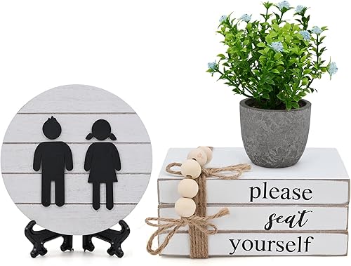 Letreros divertidos para decoración de estante de baño, letreros redondos 3D y apilamiento de libros con 1 planta artificial, letrero de madera para