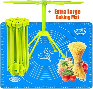 Kitchen Pasta Drying Rack Folding with Extra Large Silicone Baking Mat, iPstyle Spaghetti Drying Rack Noodle Stand 10 Bar Handles Drying Rack + Baking Mat