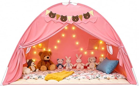 Full Size Bed Tent for Kids, Girls Bed Tent Canopy Dream Playhouse Breathable Sleeping Tent Privacy Space Pink Tent with Stars Light & Flags, Toddler Indoor Floor Play Tent, Birthday Childrens Gift