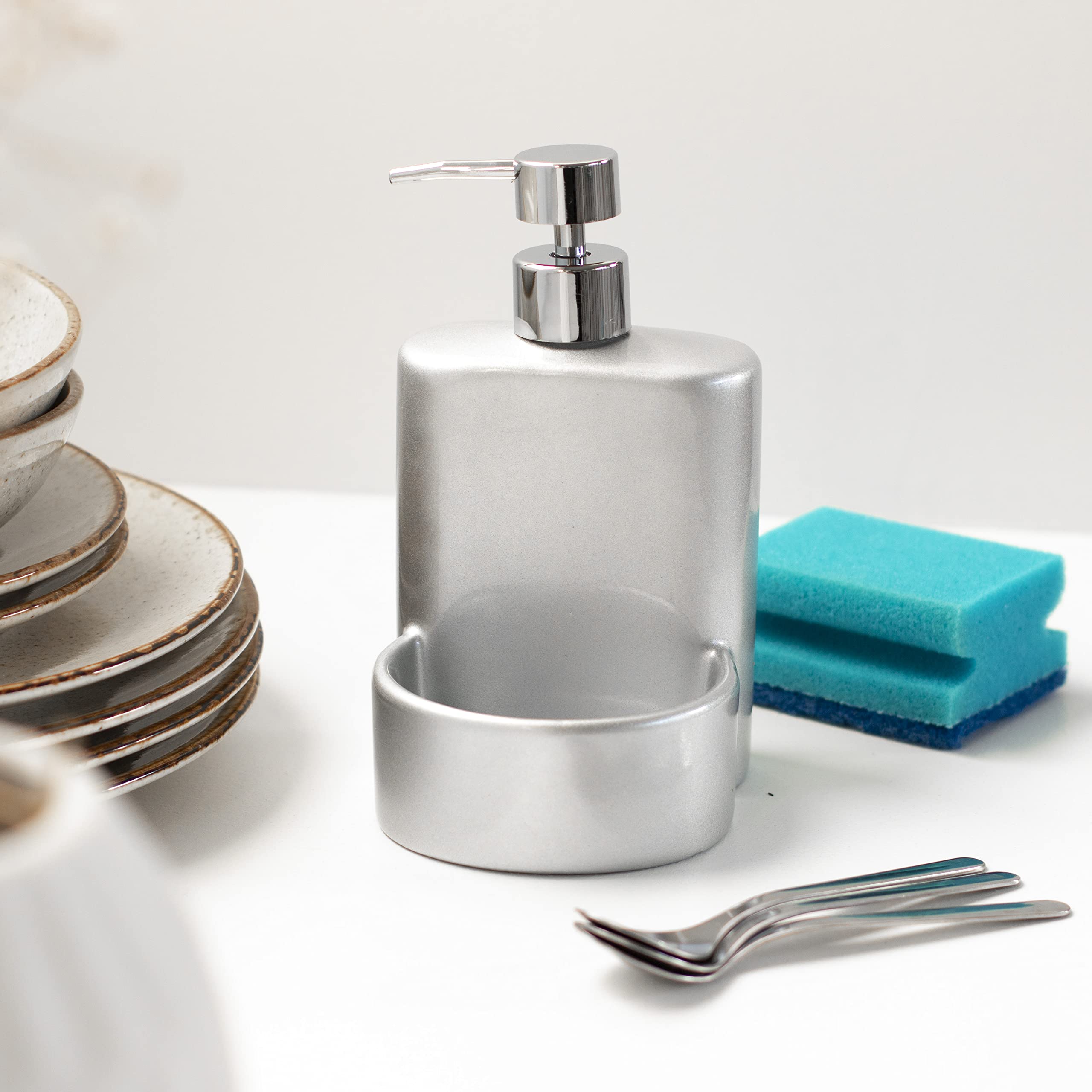 Dispenser Sapone Per Cucina KOOK TIME - Portasapone E Portaspugna - Bianco Opaco 21x12x19cm - Organizza Il Lavello