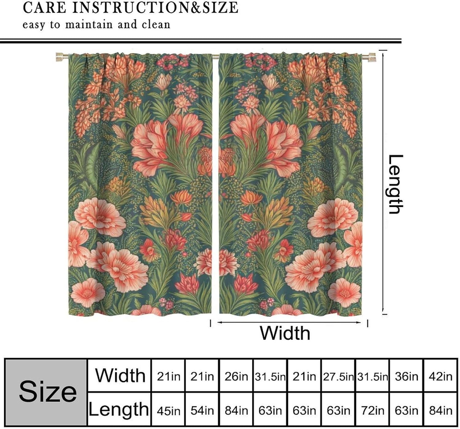 Retro William Morris Curtains Vintage Plant Pink Flowers Floral Print Window Treatment Bedroom Living Room Kitchen Decor Window Drapes 42" W X 45" L