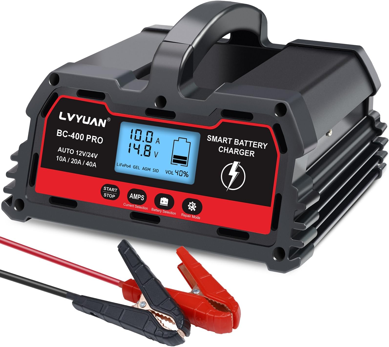 LVYUAN 12V/24V Car Battery Charger with Trickle Charger Automotive Smart Battery Charger, Smart Battery Maintainer, 10A/20A/40A for Car Truck Motorcycle LiFePO4 Lithium and Lead Acid Batteries