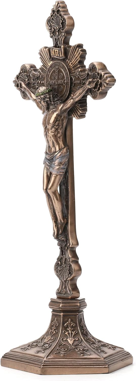 Veronese Design 9 5/8 Inch Saint Benedict Crucifix with Stand Cold Cast Resin Sculpture Bronze Finish