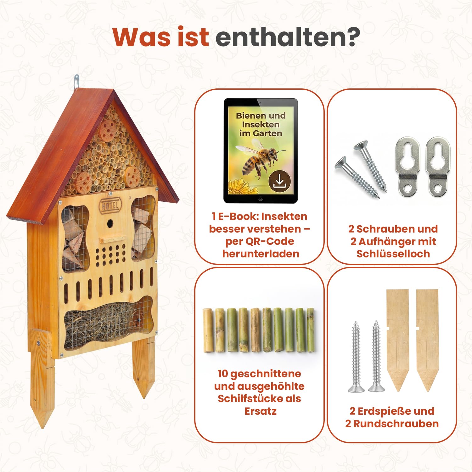 Insektenhotel Groß Wetterfest XXL aus Holz – Bienenhotel Groß XXL, Insektenhotel Mit Erdspieß, zum Aufhängen oder Stellen, Wildbienenhotel & Hummelhaus Bereich mit abnehmbarer Frontplatte & Standfüßen